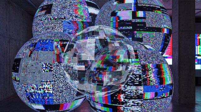 Gold molecule with peptide collagen background concept. Futuristic display of digital spheres with glitch effects.