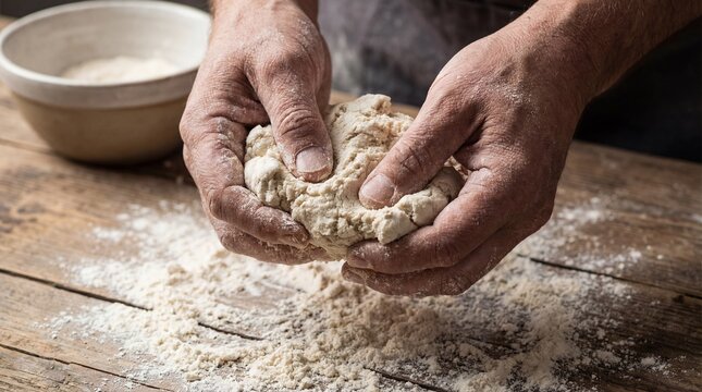Throwing colorful powders during Holi festival concept. Hands kneading dough on a rustic wooden table with flour.
