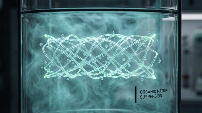 Gold molecule with peptide collagen background concept. Illuminated organic matter suspension in a laboratory container.