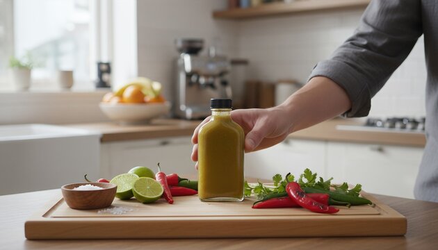 Chef preparing meal with condiment bottle in bright kitchen