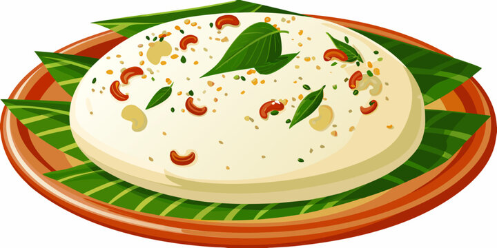 A vibrant illustration of idli with sambar and garnish on a plate