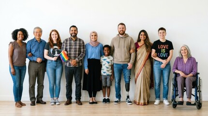 Obraz premium A diverse group of people standing together in a room with a white wall.