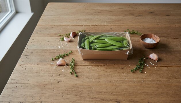 Fresh mange tout in eco-friendly punnet on rustic wood