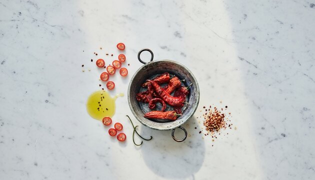Gourmet charred peppers flat lay on marble surface