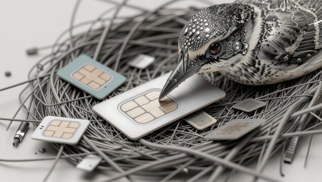 Mechanical Bird Nesting on a Pile of SIM Cards
