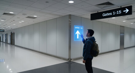 Fototapeta premium Young Man with Backpack Reading Upward Arrow Sign in Airport Corridor