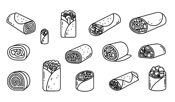 Line art rolled food icons set with burritos wraps and spring rolls modern outline vector pack