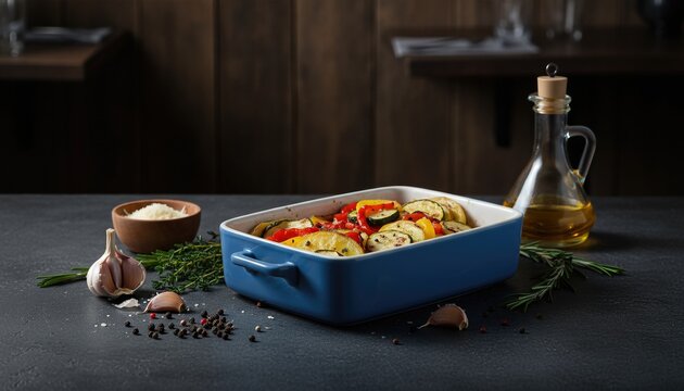 Moody roasted vegetable medley on dark slate