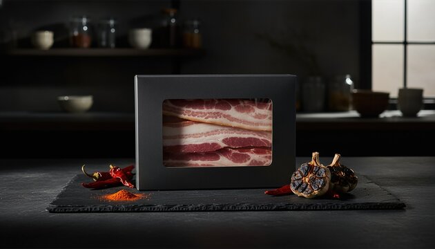 Premium raw bacon in dark gourmet setting