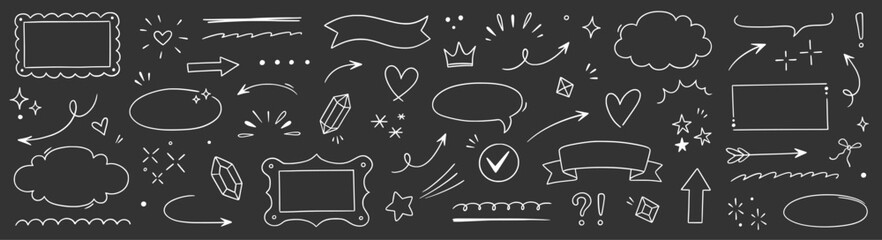 Line hand drawn arrow star set. Line arrow star hand drawn sketch pen marker brush stroke element icon..Heart check cloud bubble circle swirl cute cartoon decoration on chalkboard. Vector illustration