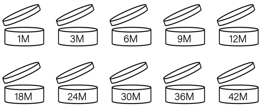 PAO Icon Set. Period after opening icons collection. PAO symbol 1m, 3m, 6m, 9m, 12m, 18m, 24m, 30m, 36m, 42m. Cosmetic open period month symbol. Vector illustration. 
