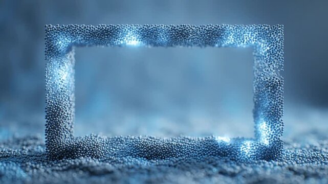 Metallic blue beads forming a rectangular frame on a blue background with a futuristic and