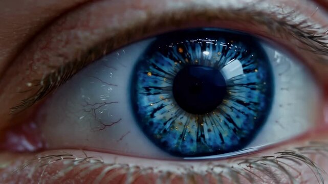 Extreme macro close-up of a human blue eye with a complex iris.