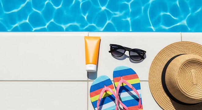 Top view flat lay of sunglasses, sunscreen, flip flops and straw hat on poolside tiles near blue water, bright sunlight, summer vacation lifestyle concept