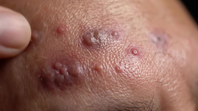 Close-up Macro of Pustules and Inflamed Skin Lesions on Forehead