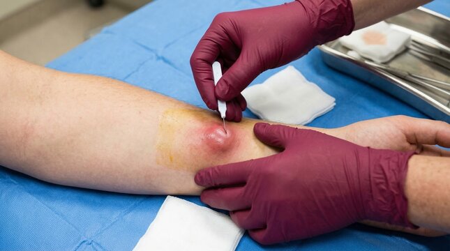 Medical professional performing minor surgery on inflamed skin abscess