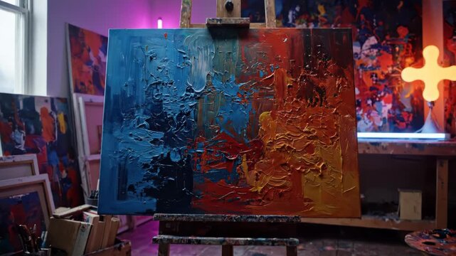 Vibrant Abstract Expressionist Oil Painting Displayed on Wooden Easel Inside an Art Studio Workshop Space