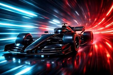 Naklejka premium Modern Formula Race Car with Vibrant Red and Blue Light Trails