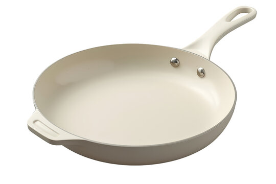 White ceramic frying pan isolated, nonstick cooking skillet with handle, empty new cookware for kitchen, transparent background