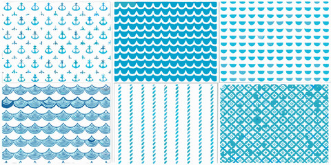 Nautical themed seamless patterns with anchors waves and ropes © Prosanta