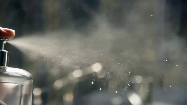 Close-up of a person spraying perfume from a glass bottle, creating a fine mist of luxury fragrance.