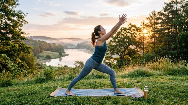 A woman practicing yoga in a serene outdoor setting with a lake in the background.