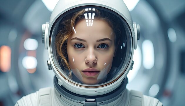 A focused astronaut with light skin and blonde hair looks directly at the viewer inside a spaceship. The helmet reflects the interior