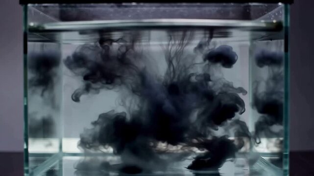 Black ink dropping and expanding in a water tank creating abstract smoke cloud effect