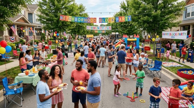 A lively community block party with colorful decorations, food, and people enjoying outdoor activities.