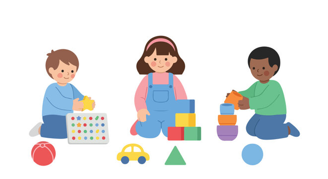 Three diverse children sit on the floor, happily playing with colorful educational toys like blocks, stacking cups, and a shape sorter.