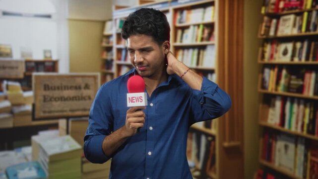Man in blue shirt holding red microphone labeled news while touching his neck inside bookstore building with bookshelves and stacks of books; awkward.