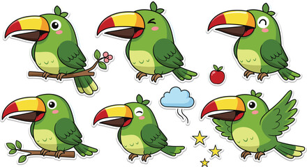 Fototapeta premium Cute Toucan Bird Cartoon Collection with Tropical Parrot Characters Fruits and Nature Elements Flat Vector Illustration Set