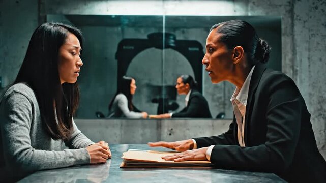 Tense police interrogation between female detective and suspect