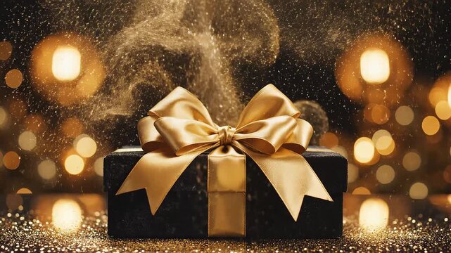 Black gift box with golden bow and sparkles