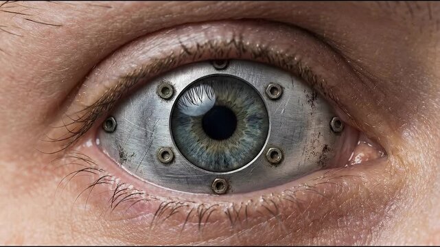 Human eye merged digital symbiosis concept. Close up of a closed human eye with natural skin texture and eyelashes in soft lighting