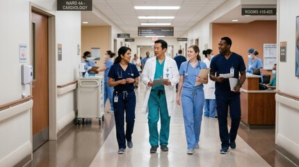 Fototapeta premium Four healthcare professionals walking in a hospital corridor.
