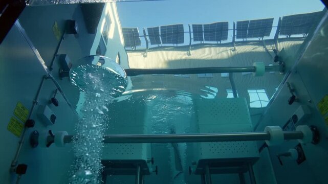Underwater view of a swimming pool with solar panels on the roof and bubbles rising to the surface.