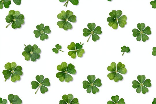 A pattern of four leaf clovers on a white background