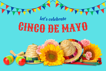 Fototapeta premium Cinco de Mayo, Festive display of sombreros and flowers