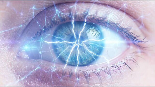 Human eye merged digital symbiosis concept. Close up of a human eye with electric blue lightning effects and vivid green iris details