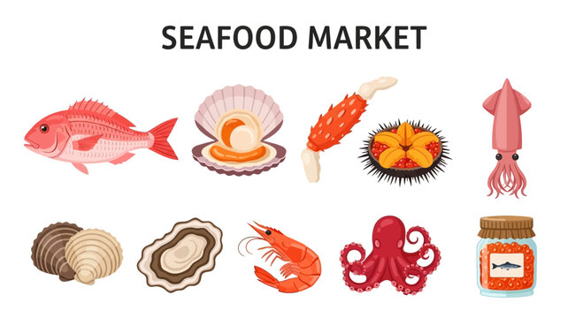Illustration of various seafood items arranged under the text SEAFOOD MARKET