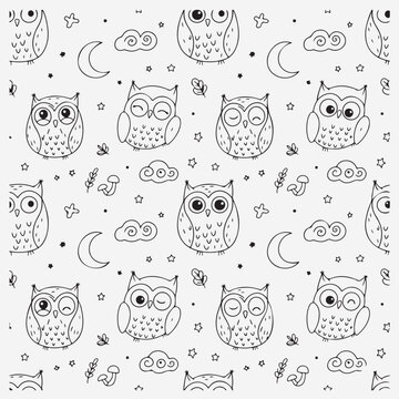 Owl and moon seamless pattern, Cute night owl repeat texture, Hand drawn forest bird background, Whimsical nocturnal animal pattern, Little owls and moon vector, Childlike forest bird pattern, Dreamy 