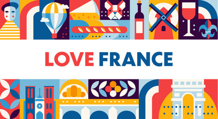 Fototapeta premium France travel banner with abstract geometric pattern. Vector iconic French cheese, air balloon, mime and French bulldog. Poster with wine, heraldry, croissant, cathedral, and triumphal arch for ads