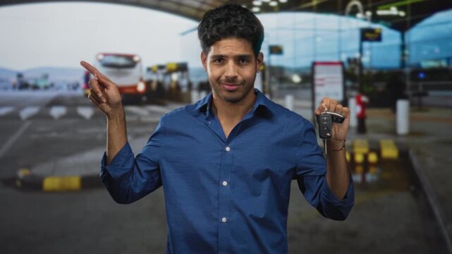 Man holding car keys, pointing finger and showing hand at airport terminal dropoff with blue shirt and slight smirk; confidence readiness.