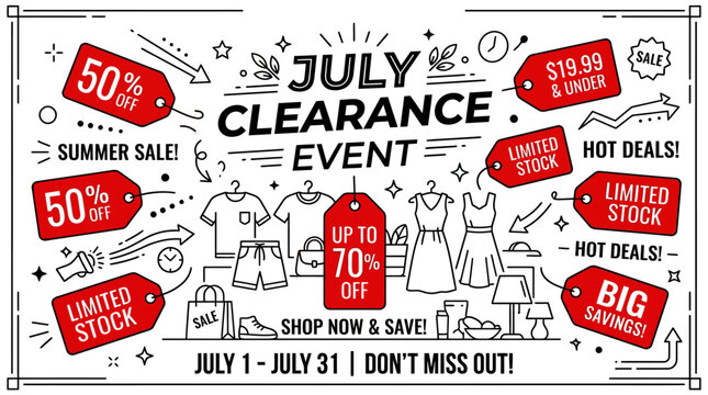 July Clearance Sale Event Banner with Clothing and Offers