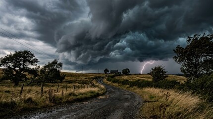 Naklejka premium A stormy sky with dark clouds and lightning over a rural road with a house and trees in the background.