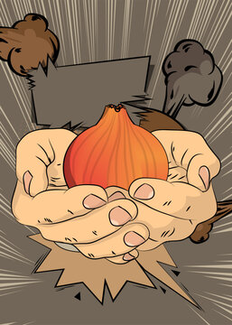 Cartoon, comic book human hands holding Onion. Retro vector comics pop art design.