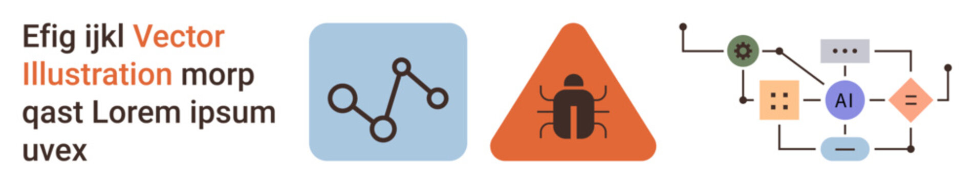 Technology process, software debugging, digital analysis, data visualization, algorithm design, alert system. Flowchart and warning sign with bug symbol. Technology process and software debugging