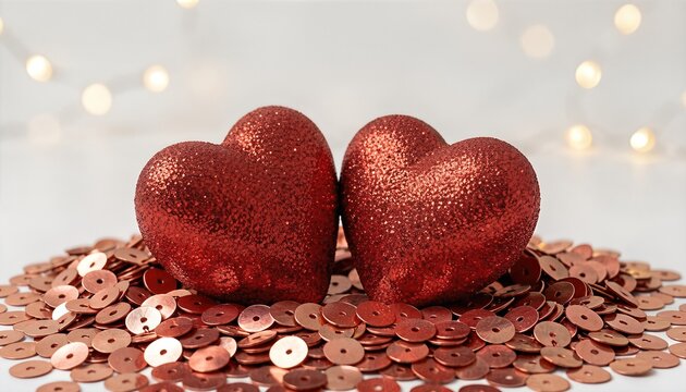 Two Red Glittering Heart Decorations on a Bed of Red Sequins with Bokeh Background
