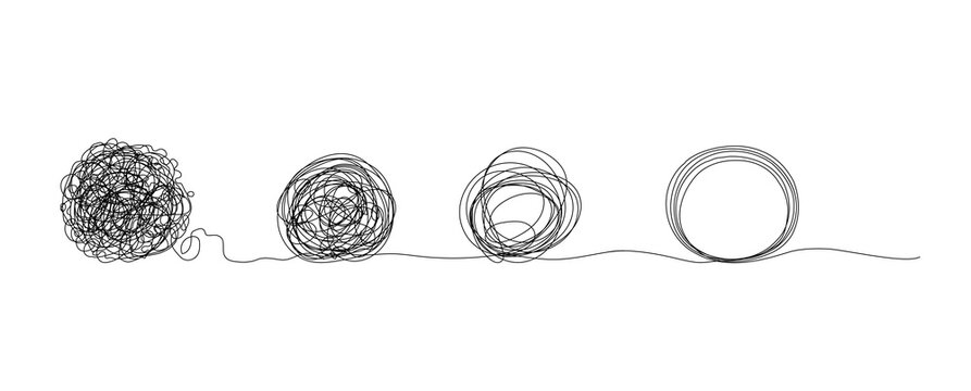 Mind transform complex process for easy tasks to simplify solutions, vector icons. Psychology and mind transformation concept or mess clew simplification for easy solution and problem understanding